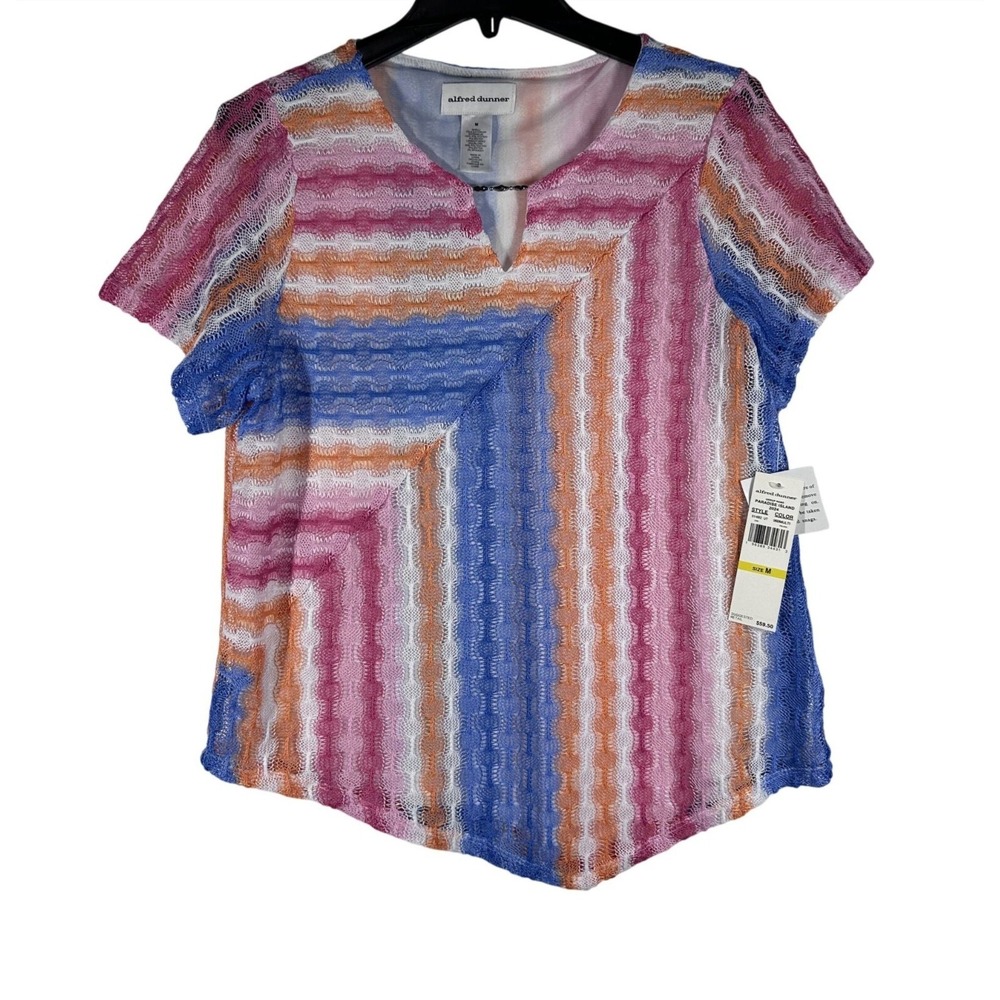 Alfred Dunner Paradise Island Striped Mesh Top Split‎ Neck Size Medium NWT